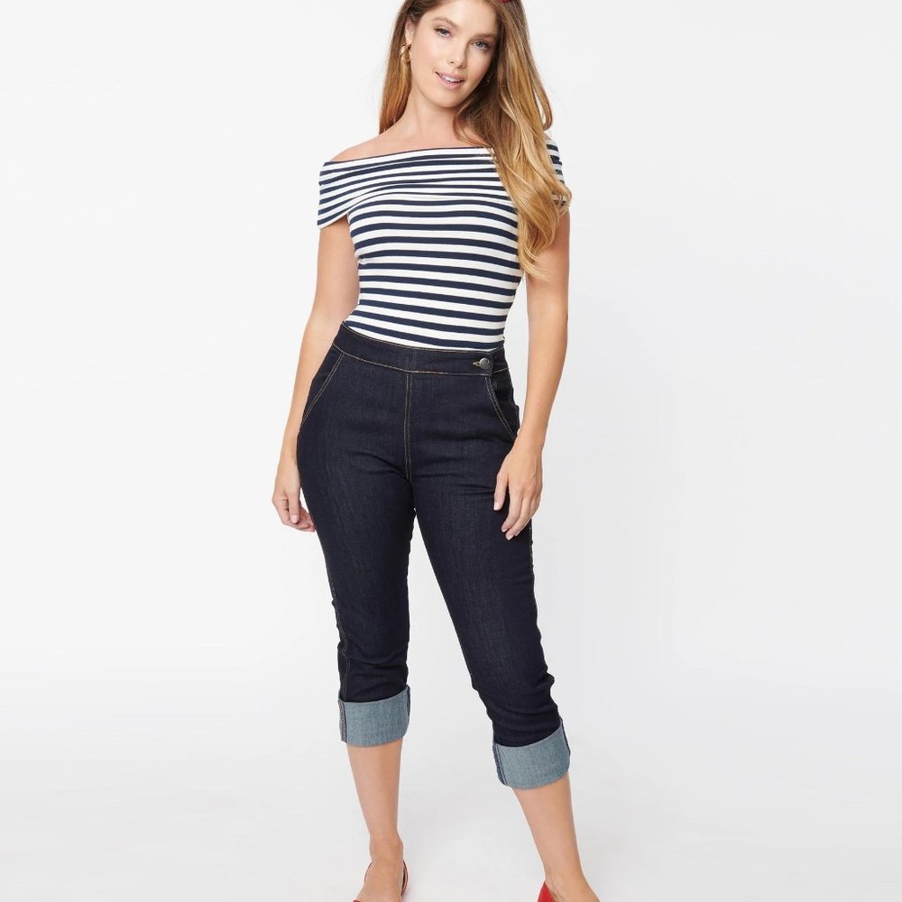 Hell Bunny High Waist Dark Denim Capri Pants- medium